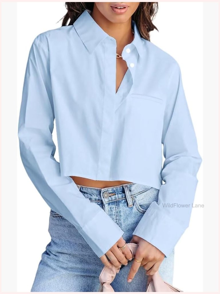 Long Sleeve Crop Button Down Blouse With Pocket